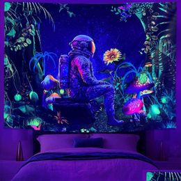 Tapestries 1Pc Astronaut Forest Mushroom Escent Butterfly Sun Tapestry Black Light Polyester Wall Hanging For Living Room 231023 Dro Dhudh