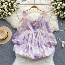 Casual Dresses Tie Dye Purple Dress Design Sense Bandage Backless Girls Summer Early Autumn Fresh Sweet Slim Super Fairy Fashion