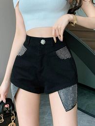 Women's Jeans Summer Rhinestone Pocket Leakage Shiny Three-point White Denim Shorts Tide High Waisted