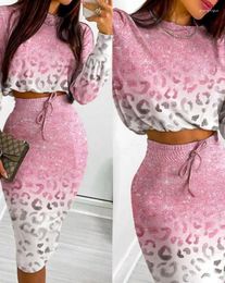 Work Dresses Summer Women's Fashion Two-Piece Leopard Print Long Sleeve O-neck Crop Top & Elegant Drawstring Midi Skirt Casual Set