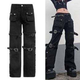 Women's Pants 2023 Trend Women Black Cargo Jeans With Multi Pockets Metal Buckle Belt Straight Trousers