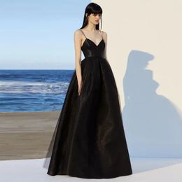 Elegant Black A-Line Evening Formal Dress Spaghetti Strap V Neck Backless Tulle Birthday Party Gown Prom Dresses 2024 Robe De Soiree Vestidos De Fieast