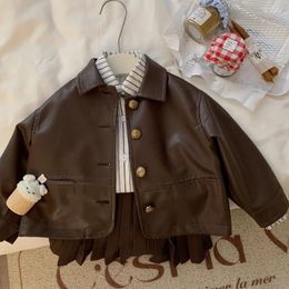 Jackets Spring Autumn Girls Pu Jacket Baby Kids Coat Children Tops Fashion Faux Leather Letter Vintage 2-9Y