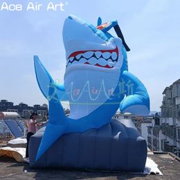 Outdoor 5m H Inflatable Shark Model Wearing Sunglasses with Base and Free Air Blower for Advertising or Decoration