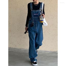 Women's Jeans 2023 Summer High Street Blue Vintage Suspender Fashion Pocket Straight Pants Streetwear Casual Wide Leg Denim Trouser Ladi