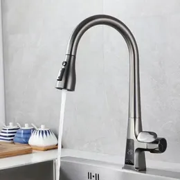 Kitchen Faucets Grey Pull-out Sink Faucet Temperature Display Brass And Cold Mix 360° Rotating Splash Proof Taps