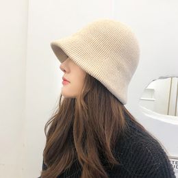 Wide Brim Hats Bucket Hats COKK Bucket Hat Women Winter Autumn Fisherman Cap Female Keep Warm Simple Casual Knitted Bucket Hat Women Korean Gorro 230408