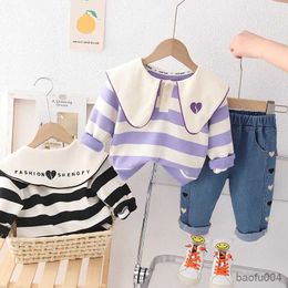 Set di abbigliamento Set di abbigliamento per bambina per bambini Primavera Autunno Baby Casual Abiti a maniche lunghe Colletto per bambola a righe per bambini Top + Jeans 2 pezzi