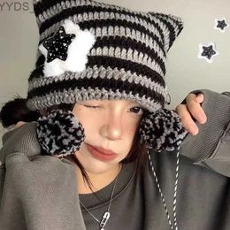 Beanie/Skull Caps Little Devil Knitted Beanie Hat Women Punk Girls Y2K Star Skullies Striped Wool Cap Sweet Cat Ears Warmer Bonnet Streetwear YQ231108