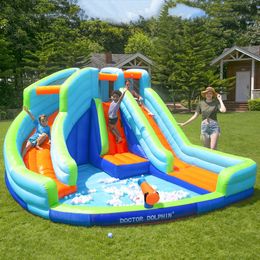 Inflatable Water Slide with Pool Blower Summer Playhouse Castle Water Park Bouncy House with Double Slides Water Spray Gun Climbing Wall for Kids 2-12 Outdoor Play