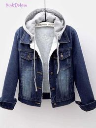 Women's Down Parkas Retro Denim Jacket Women' s Clothing Autumn Winter 80's Vintage Fashion Long-sleeved Slim Hooded Short-style FleeceJacket Coat zln231109