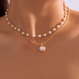 Chains AETEEY Elegant Temperament Simple Thin Chain Round Imitation Pearl Pendant Metal Necklace