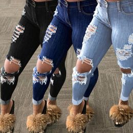 Women's Jeans Fashion Ladies Summer Casual Stretch Tight Fringed Ripped Trousers Pants