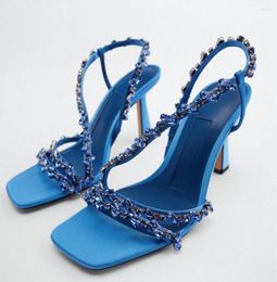 Dress Shoes 2023 Women Beaded Strap Heeled Sandal Summer TRAF Green Hdiamond Pumps Wedding High Heel Shoe Sexy Blue Slingback Heels