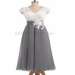 Modern Grey Mother of The Bride Dress 2024 Sexy Tea Length Chiffon Weddng Guest Dress Contrast Groom Mom Evening Party Outfit Lace Formal Occasion Vestidos Para Mujer