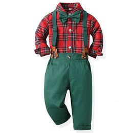 Clothing Sets Boys' Set Children's Christmas Gentlemen Dress Long Sleeve Plaid Shirt Autumn Winter Green Strap Pants Kid Boutique Outfits 231108