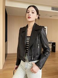 Women's Leather Genuine Cropped Motorcycle Jacket For Women 2023 Trend Right Angle Shoulder Design High-end Slim Real Sheepskin Coat