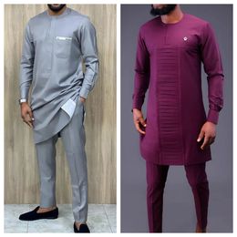 Men's Tracksuits Luxury Men's Suit Shirt and Pants Set of 2 Clothing Crew Neck Solid Color Festive Long Sleeves African Ethnic Style M-4XL 231108