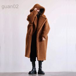 Women Luxury Faux Fur Coat Designer 2023 Winter Leisure Fur Coat Medium Length Hooded Fashionable Wool Coats Plus Size Clothes 231109