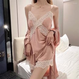 Women's Sleepwear Summer Women 3PCS Pyjamas Set Pink Silky Satin Robe Strap Top&shorts Pijamas Sleep Suit Print Lace Nightwear Homewear