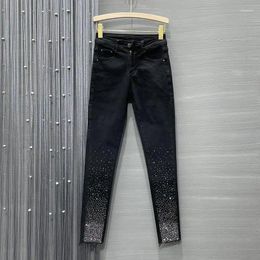 Women's Jeans Spring And Autumn Solid Color High Waist Pocket Elastic Diamond Long Pencil Slim Fit Fashion Elegant Casual Pants