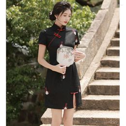 Ethnic Clothing Summer Women Short Sleeve Embroidery Chiffon Cheongsam Elegant Lace Mini Qipao Chinese Dresses