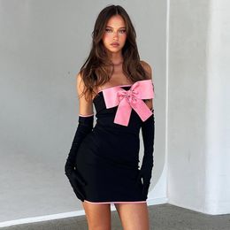 Party Dresses European American Sexy Contrast Colour Bow Design Backless Slim Black Dress Women's Breast Wrapping Skirt 2023 Summer