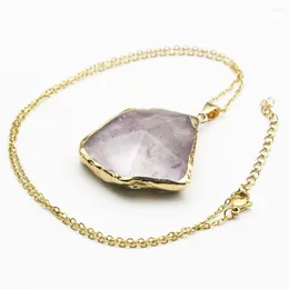 Pendant Necklaces Quality Natural Amethyst Irregular Gold Plated Edge Necklace Pendants Stainless Steel Chain Fashion Charms Jewellery Gift