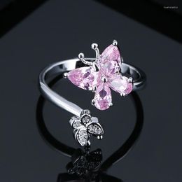 Wedding Rings Cute Female Small Open Adjustable Ring Silver Colour Zircon Engagement Crystal White Pink Butterfly For Women