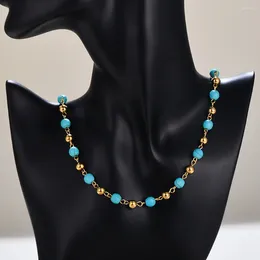Chains Simple Stainless Steel Beads Turquoise Mix Handmade Fashion Necklace Women's Luxury Delicate Basic Collier Jewelry Chic Gift