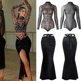 Stage Wear Latin Dance Costume Women Mesh Long Sleeves Tops Black Velvet Skirt Tango Rumba Ballroom Clothes Show DNV18538