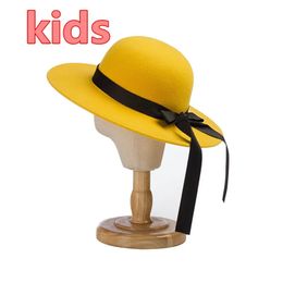 Caps Hats 07-hh3006C autumn winter yellow red wool bowknot 53cm head size holiday kids girl sun cap child style leisure hat 231109