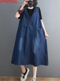 Casual Dresses Womens Vintage Blue Denim Ladies V-neck Loose Vest Skirt Sleeveless Straps Long Female Oversized Dress 2023
