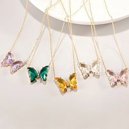 Colors Crystal Butterfly Pendant Necklace For Women Fashion Stainless Steel O Chain Necklace Korean Style Fashion Party Jewelry