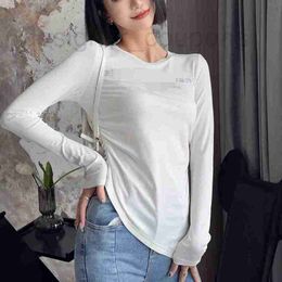 Women's Knits & Tees designer luxury Letter hot diamond thin cut waistband slimming top women's long sleeved T-shirt irregular outerwear bottom shirt 23 autumn and