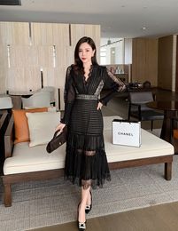 2023 Casual Dresses Fashion Runway Women Pleated Party Dress Spring Sexy V Neck Lantern Sleeve Chiffon Patchwork Lace Bodycon Slim Long Dress