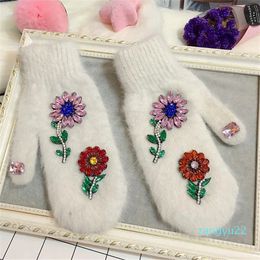 Five Fingers Gloves Women Winter Colorful Crystal Flower Design Fur Fashion Hand Warmes Brand