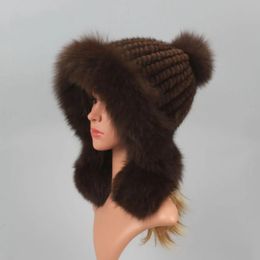 BeanieSkull Caps Real Mink Fur Hat with Fox Ball Earmuffs Protective Cap Winter for Women Russian Autumn Beanies Fall Bonnets 231109