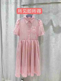 Basic & Casual Dresses designer 2023 Summer New Vertical Stripe Print Letter Bubble Short Sleeve Polo Collar Reduced Age Girl Pearl Button Dress QIT6