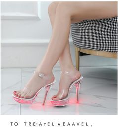 Dress Shoes Sexy Super High Heels Shining Thin Heel Platform Sandal Transparent Model Crystal Slipper Wedding 34-43 Women