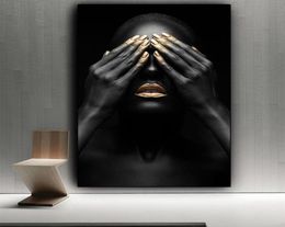 Black Hand and Gold Lip Nude Woman Painting on Canvas Cuadros Posters and Prints Wall Art Picture for Living Room6712409