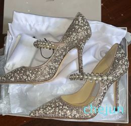 Dress Bridal Shoes Baily Mary Jane Pumps with Crystal Pearl Strap Lady High Heels Sexy Point Toe Famous Women's Pumps