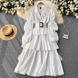 Casual Dresses Korean Office Lady Elegant Dress V Neck Solid Colour Puff Long Sleeve Robe Belt Slim Waist Ruffles Patchwork Vestidos 2023