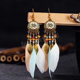 Vintage Bohemian Long Feather Women's Dangle Earrings Enamel Flower Drop Earrings Boho Tassel Leaf Wooden Bead Handmade Jewelry