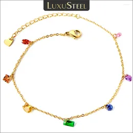 Anklets LUXUSTEEL Boho Sweet Colorful Cubic Zircon Stainless Steel Geometric Crystal Ankle Bracelet Women's Sandals Summer 2023