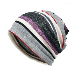 Berets 2023 Autumn And Winter Cotton Stripe Print Thicken Knitted Hat Warm Skullies Cap Beanie For Men Women 173