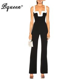 Women's Jumpsuits & Rompers Bqueen 2023 Fashion Bandage Jumpsuit Lady Sexy Halter Deep U Backless Women Black White Bodycon Boot Cut