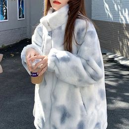 Women's Fur Faux Fur harajuku korean Overcoat Pocket Outwear autumn Winter Zipper tie-dye Jacket Female Elegant Coats Women lambs wool Coat Jackets 231108