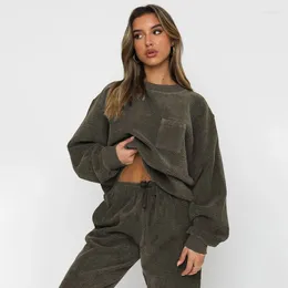 Women's Two Piece Pants Women Corduroy Sets Autumn Winter Grey Green Pullover Suits Fashion Round Neck Warm Outfits Casual Tracksuit Set