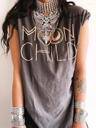 Women's T Shirts Seeyoushy Summer Side Slit Women TShirts Moon Child Print Dropshoulder Vintage Tee Shirt Female Short Sleeve Tops